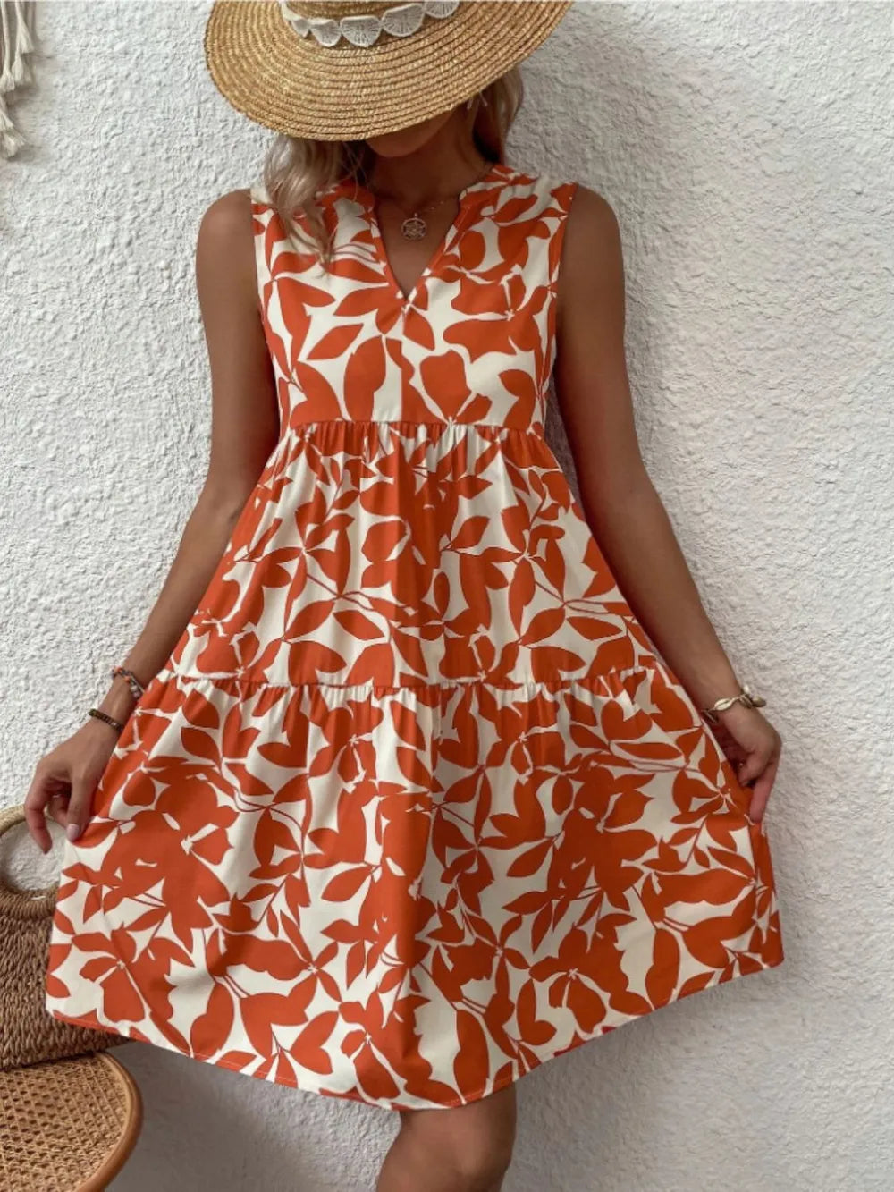 Printed Notched Sleeveless Mini Dress Orange