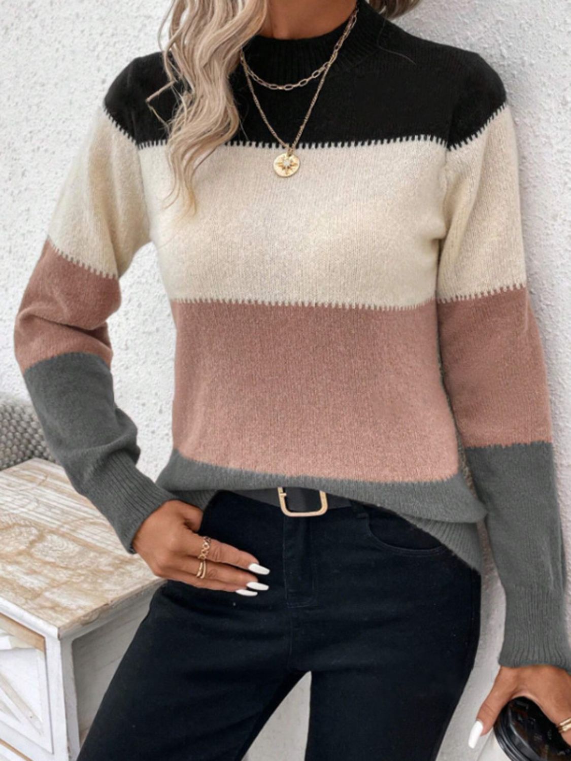 Color Block Mock Neck Long Sleeve Sweater Dusty Pink