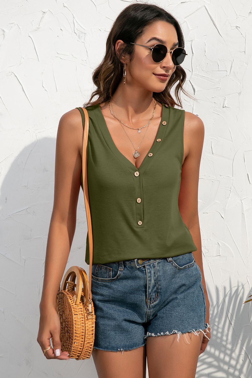Ivy Lane Buttoned Deep V Tank Matcha Green