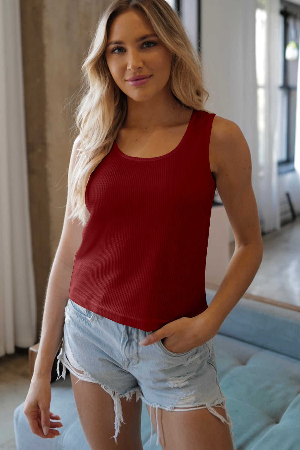 FAM-FAM Scoop Neck Wide Strap Tank Burgundy