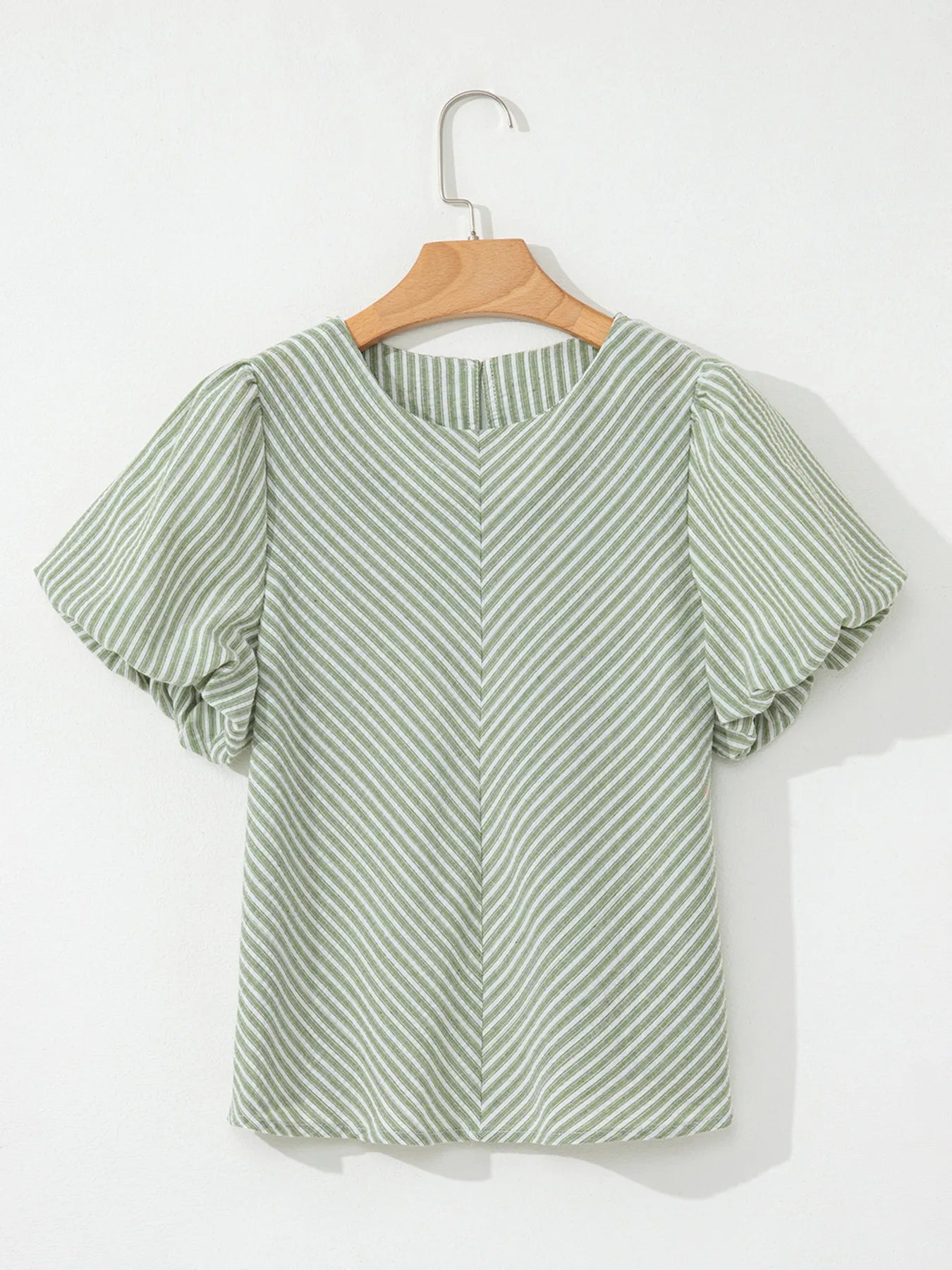 Stripe Textured Round Neck Short Puff Sleeve Blouse