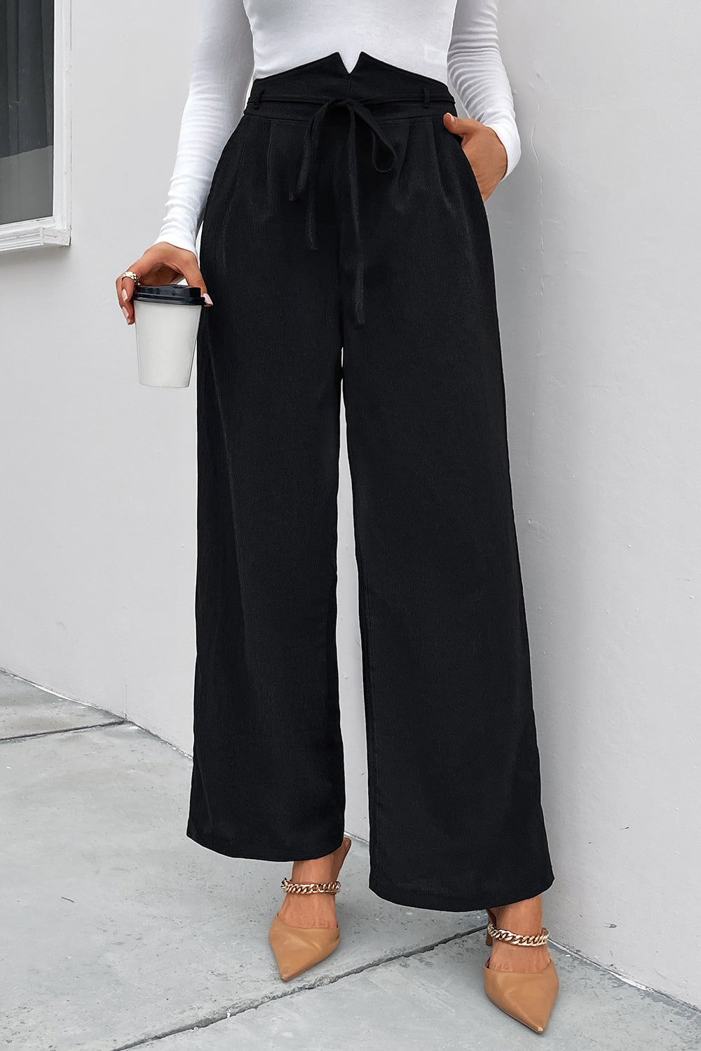 Perfee High Waist Ruched Tie Front Wide Leg Pants Black