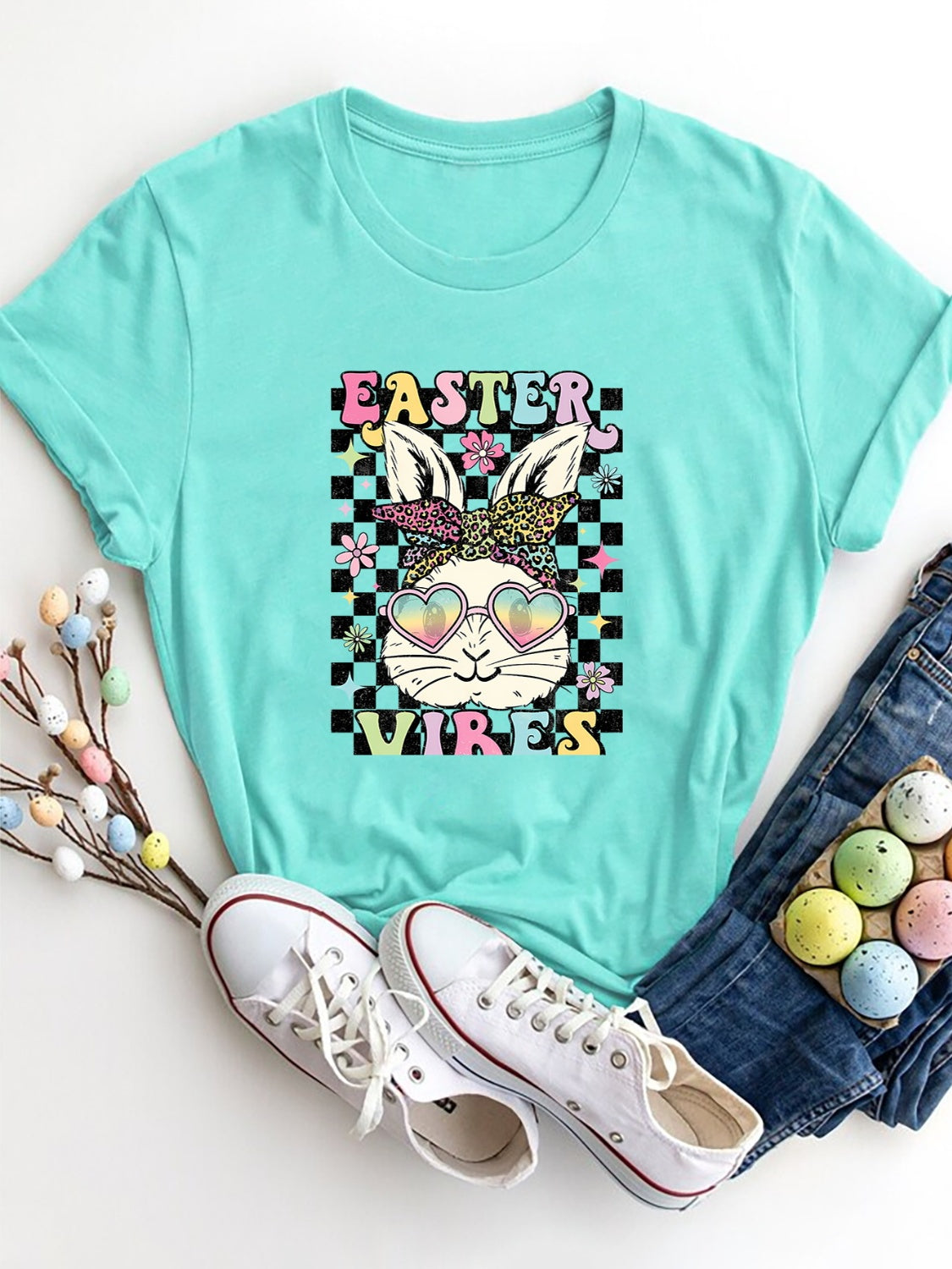 EASTER VIBES Round Neck Short Sleeve T-Shirt Aqua