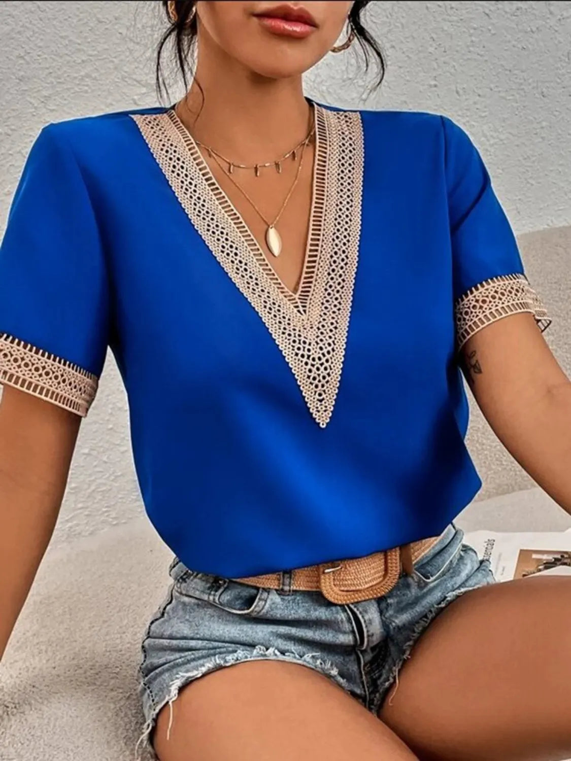 Full Size V-Neck Short Sleeve Blouse Plus Size Royal Blue