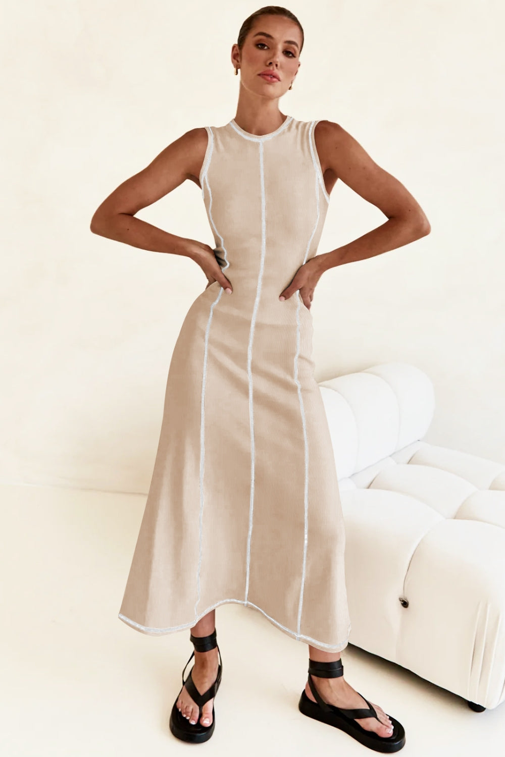 Contrast Stitching Maxi Tank Dress Tan