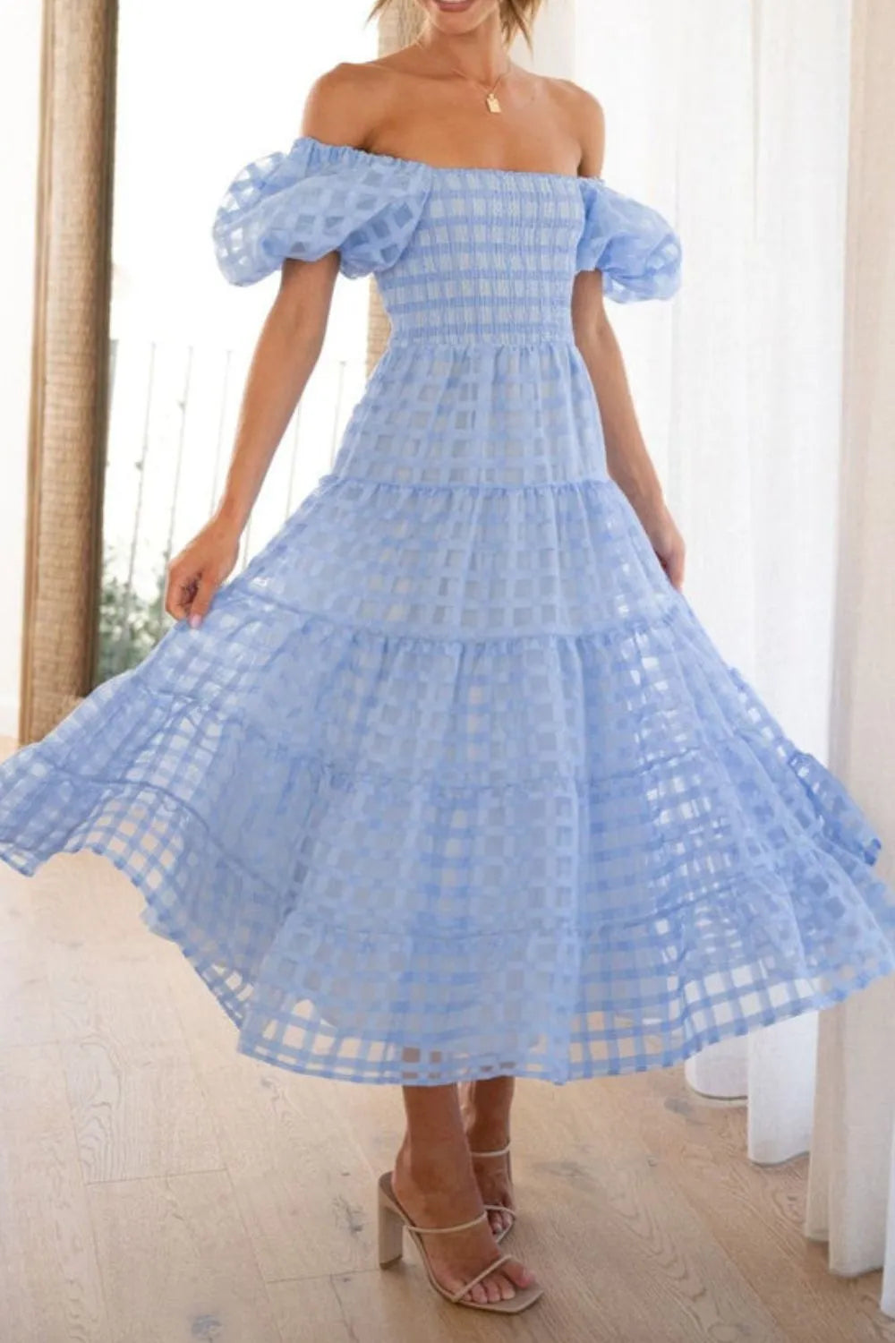 Off Shoulder Short Puff Sleeve Midi Dress Light Blue