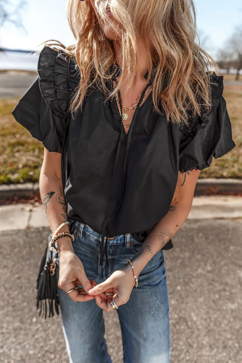 Ruffled Puff Short Sleeve Loose Blouse