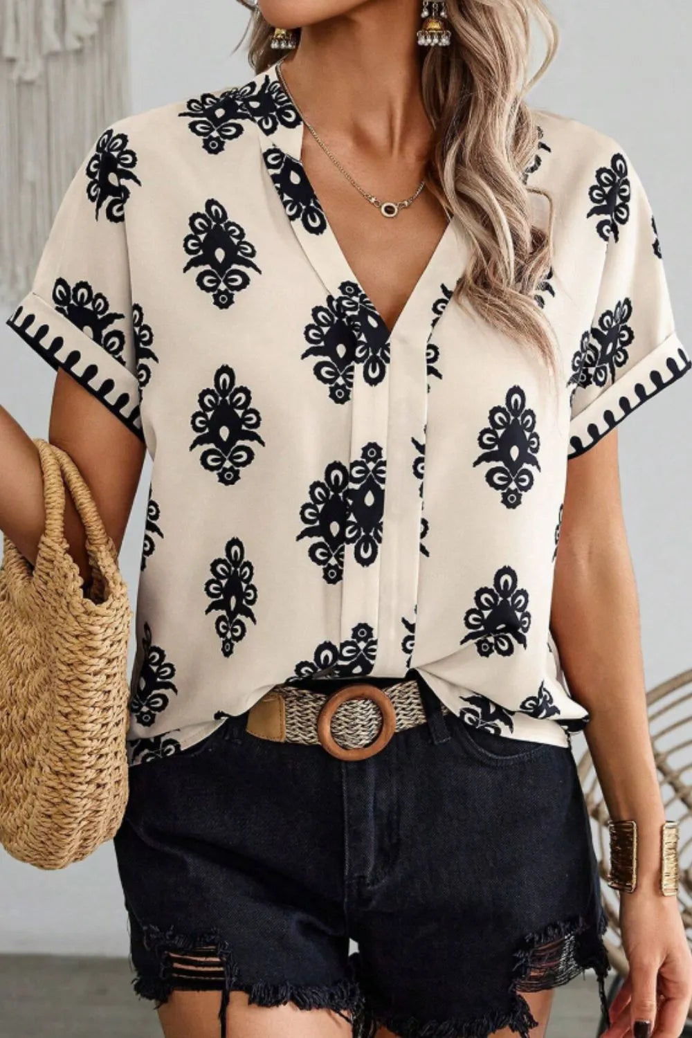 Printed Short Sleeve Loose Blouse
