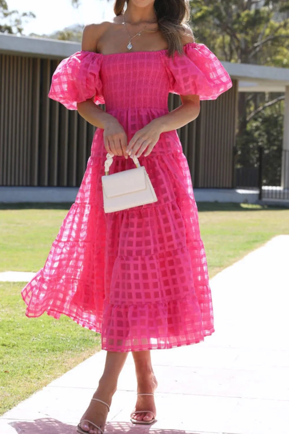 Off Shoulder Short Puff Sleeve Midi Dress Hot Pink