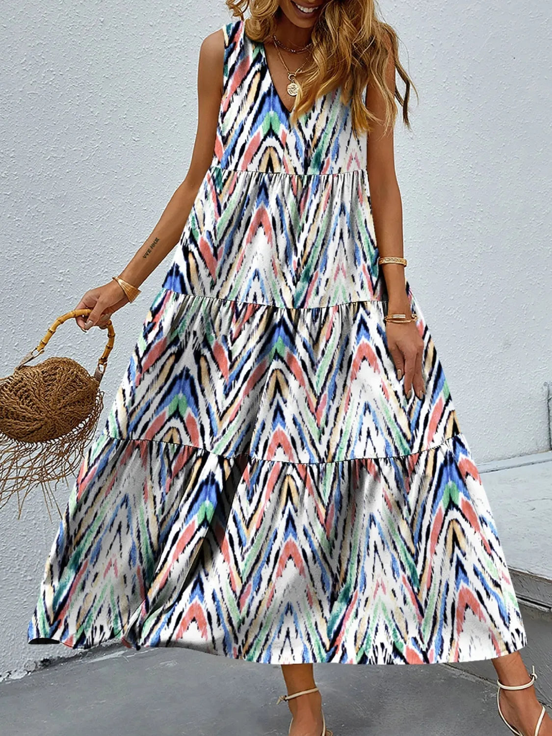 Printed V-Neck Tiered Maxi Tank Dress White