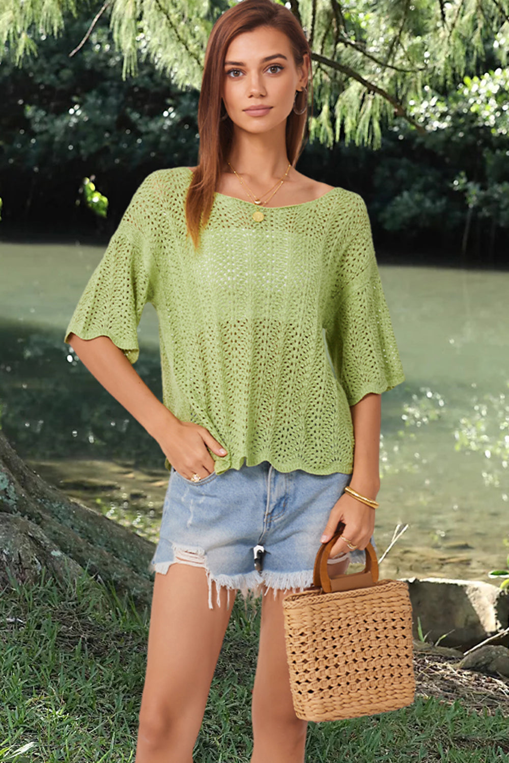 Openwork Round Neck Half Sleeve Knit Top Light Green
