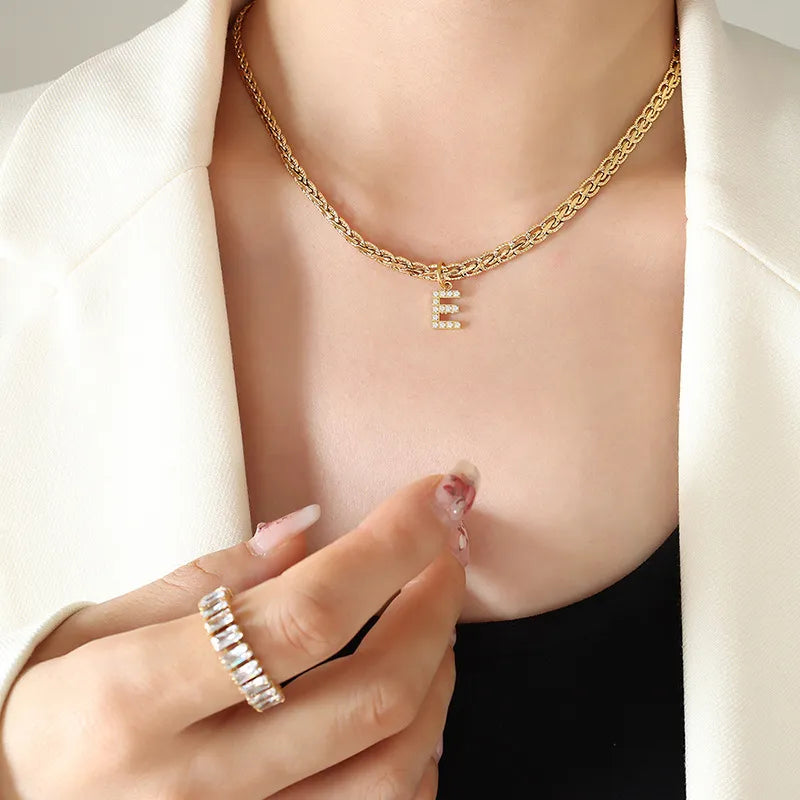 Brass Inlaid Zircon Letter Pendant Necklace Style E One Size