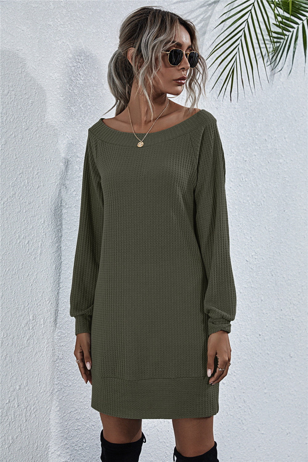 Waffle-Knit Boat Neck Mini Dress Army Green