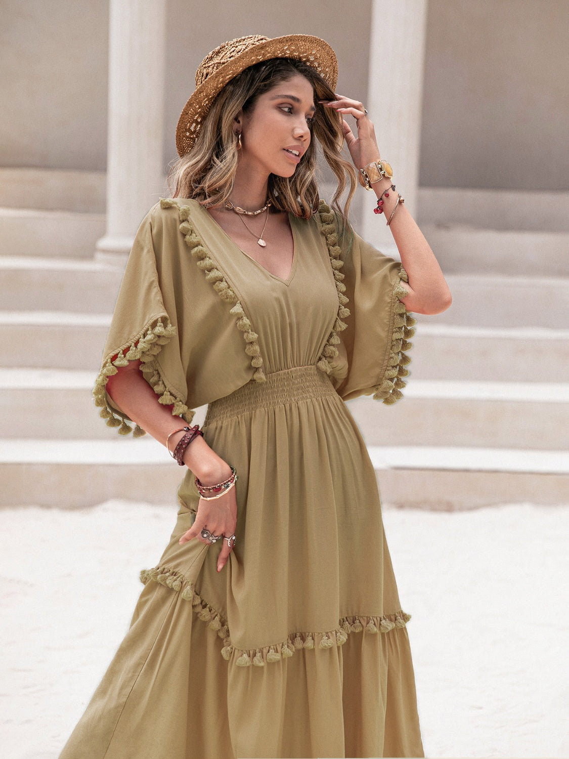 Tassel Trim Smocked V-Neck Short Sleeve Dress Olive