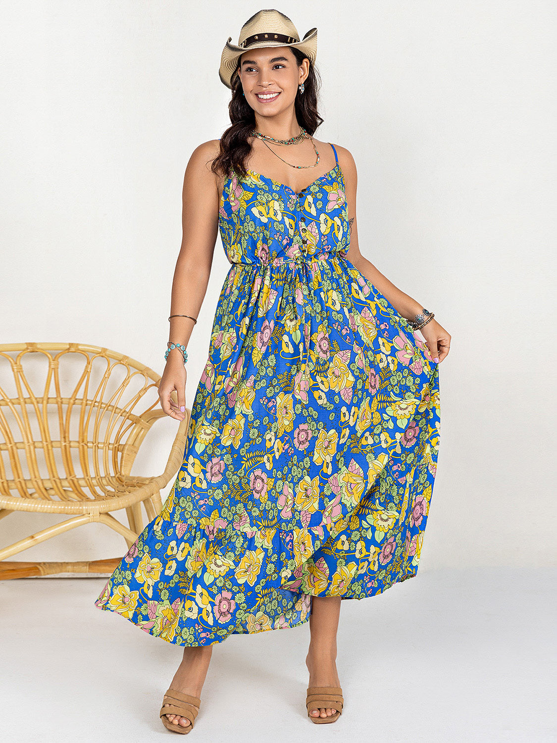Drawstring Ruffle Hem Maxi Dress Dusty Blue