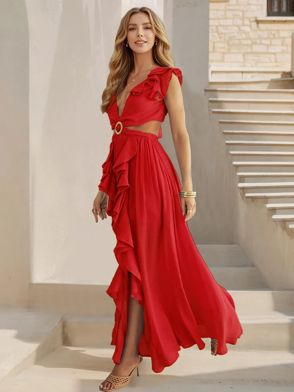 Cutout Ruffled Cap Sleeve Maxi Dress