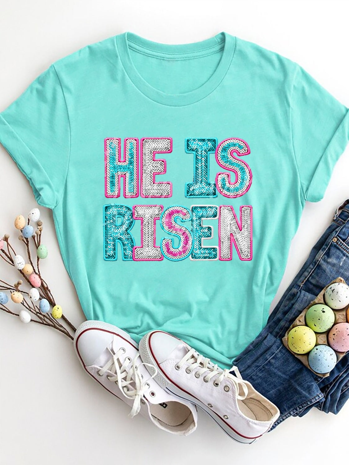 HE IS RISEN Sequin Round Neck T-Shirt Aqua