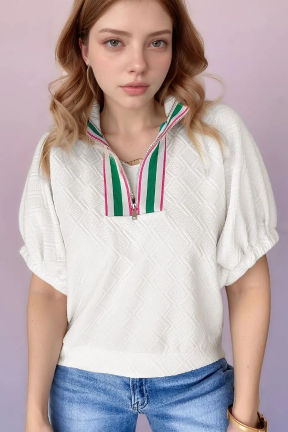 Contrast Striped Collar Patchwork Textured Half Sleeve Blouse White