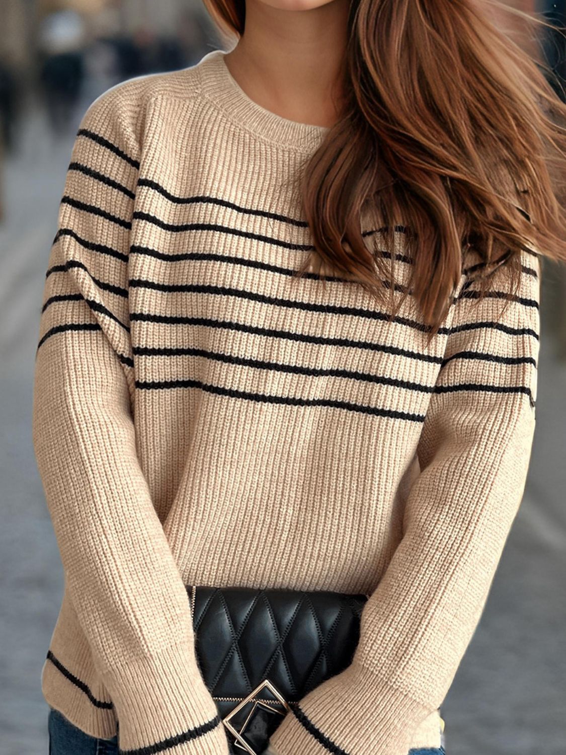 Striped Round Neck Long Sleeve Sweater Tan One Size