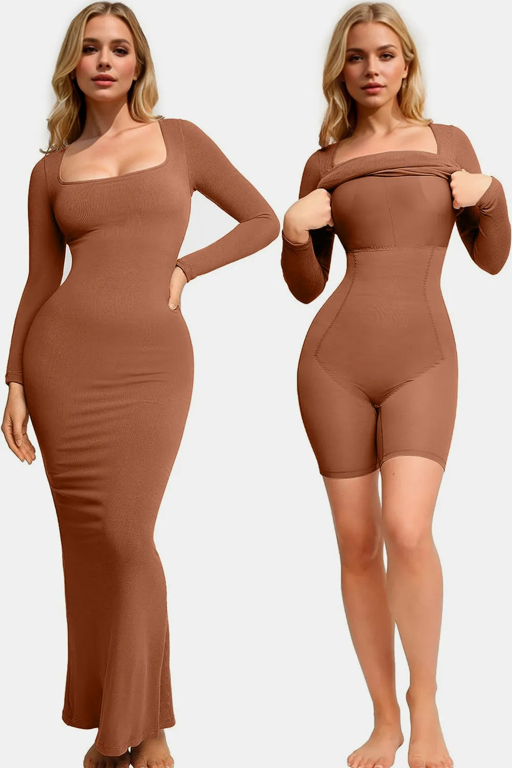 Basic Bae Built-In Shapewear Square Neck Long Sleeve Maxi Dress Caramel