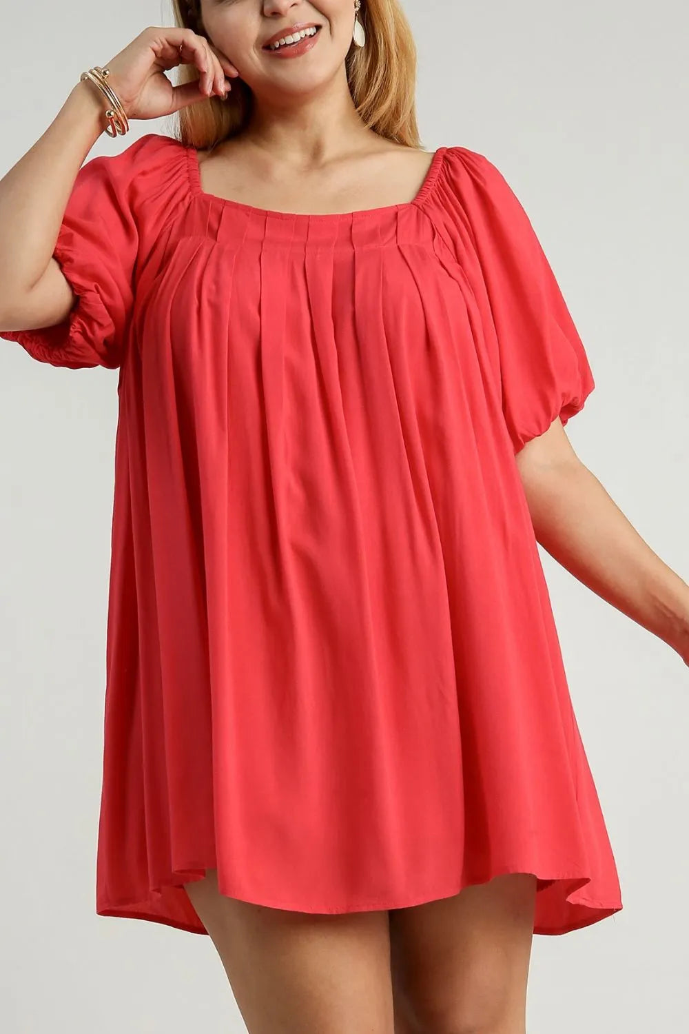 Umgee Full Size Squared Neck Puff Sleeve Mini Dress Plus Size