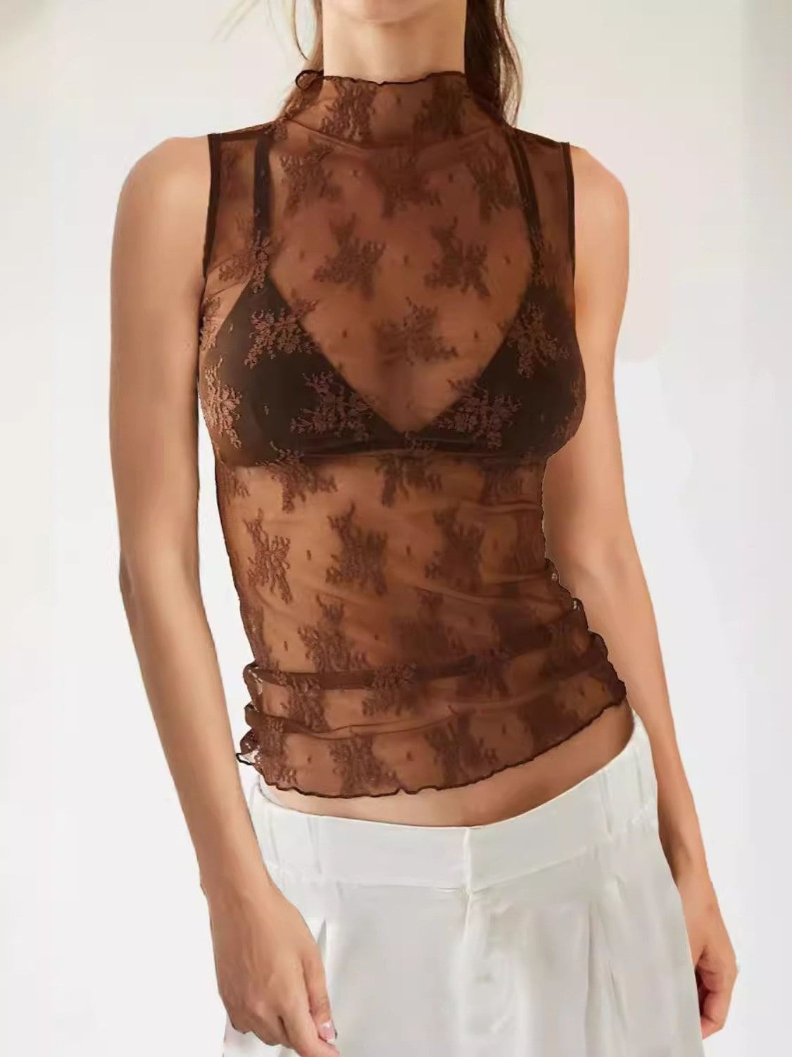 Lace Mock Neck Top Brown