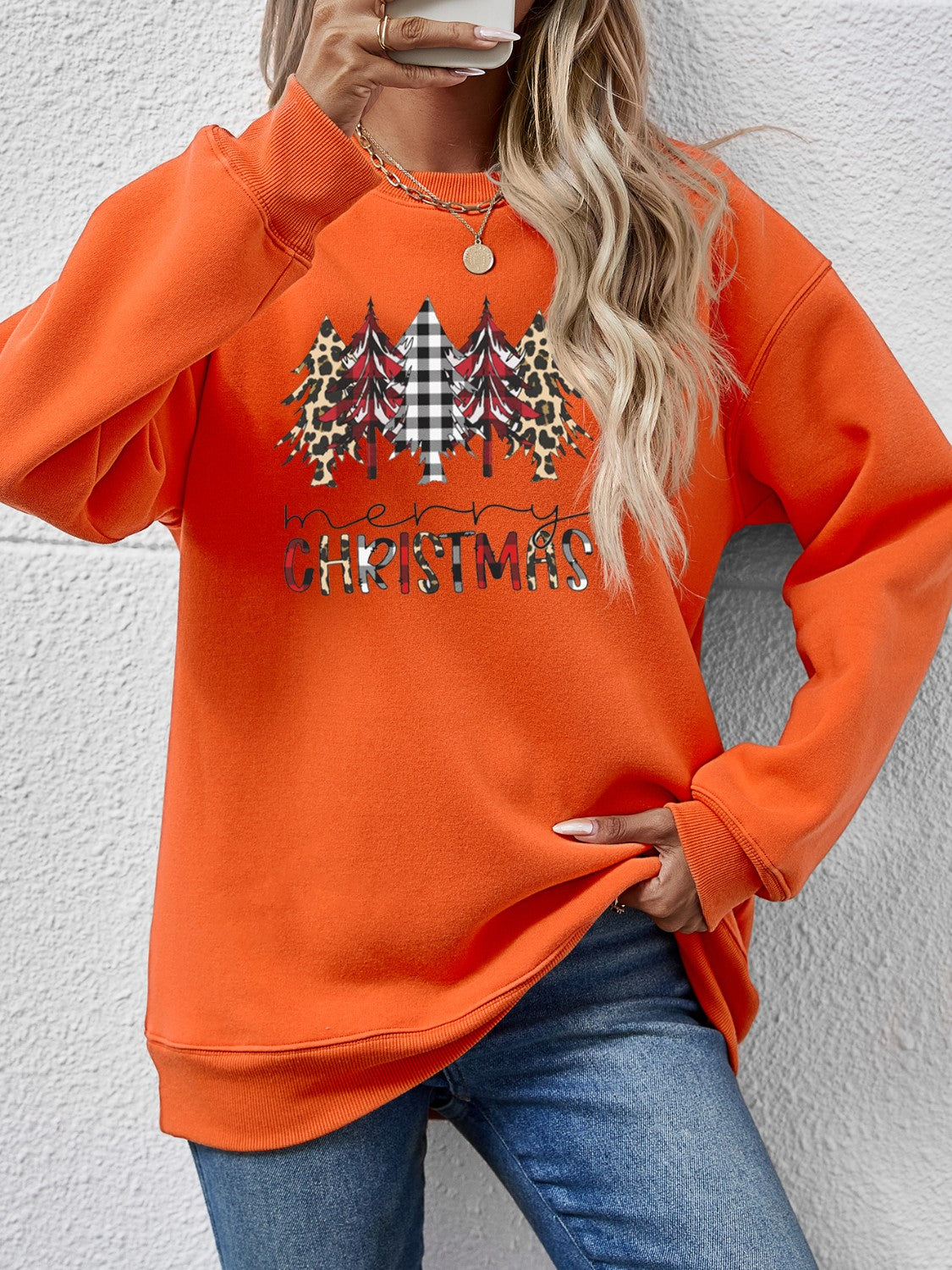MERRY CHRISTMAS Round Neck Long Sleeve Sweatshirt Pumpkin