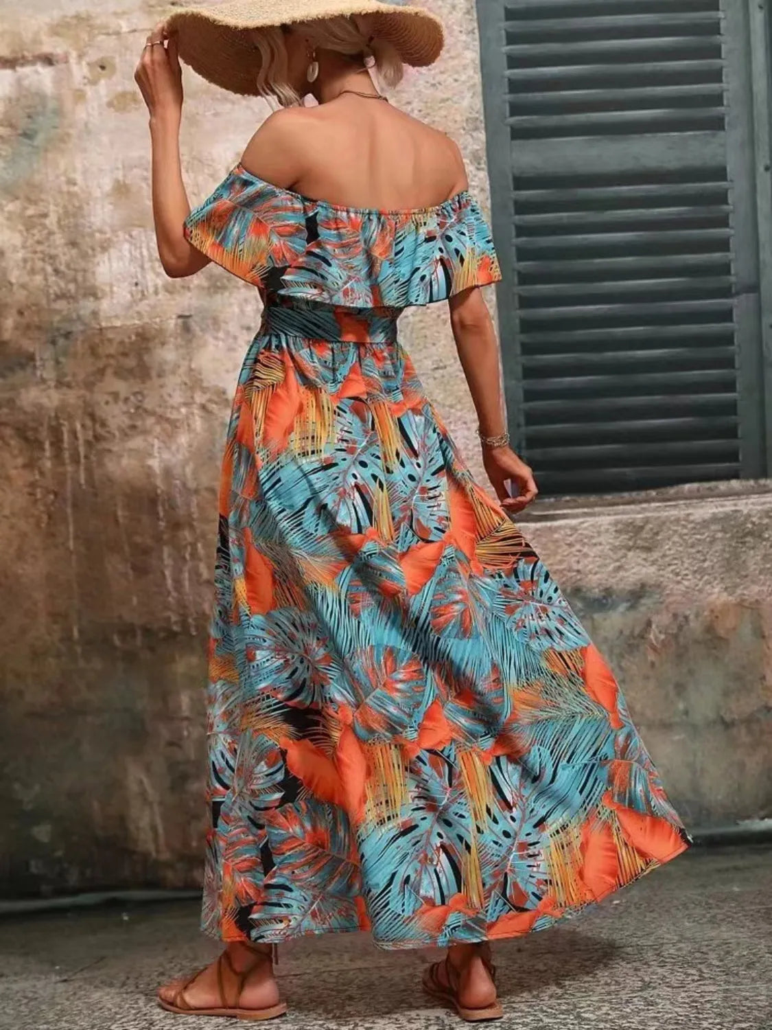 Ruffled Printed Off Shoulder Maxi Dress