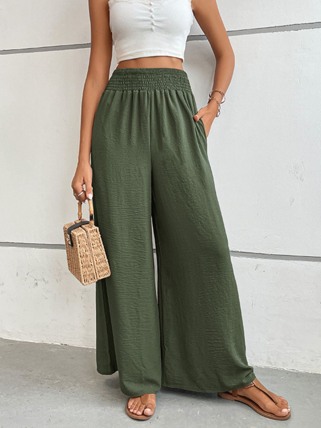 Perfee Wide Waistband Relax Fit Long Pants Matcha Green