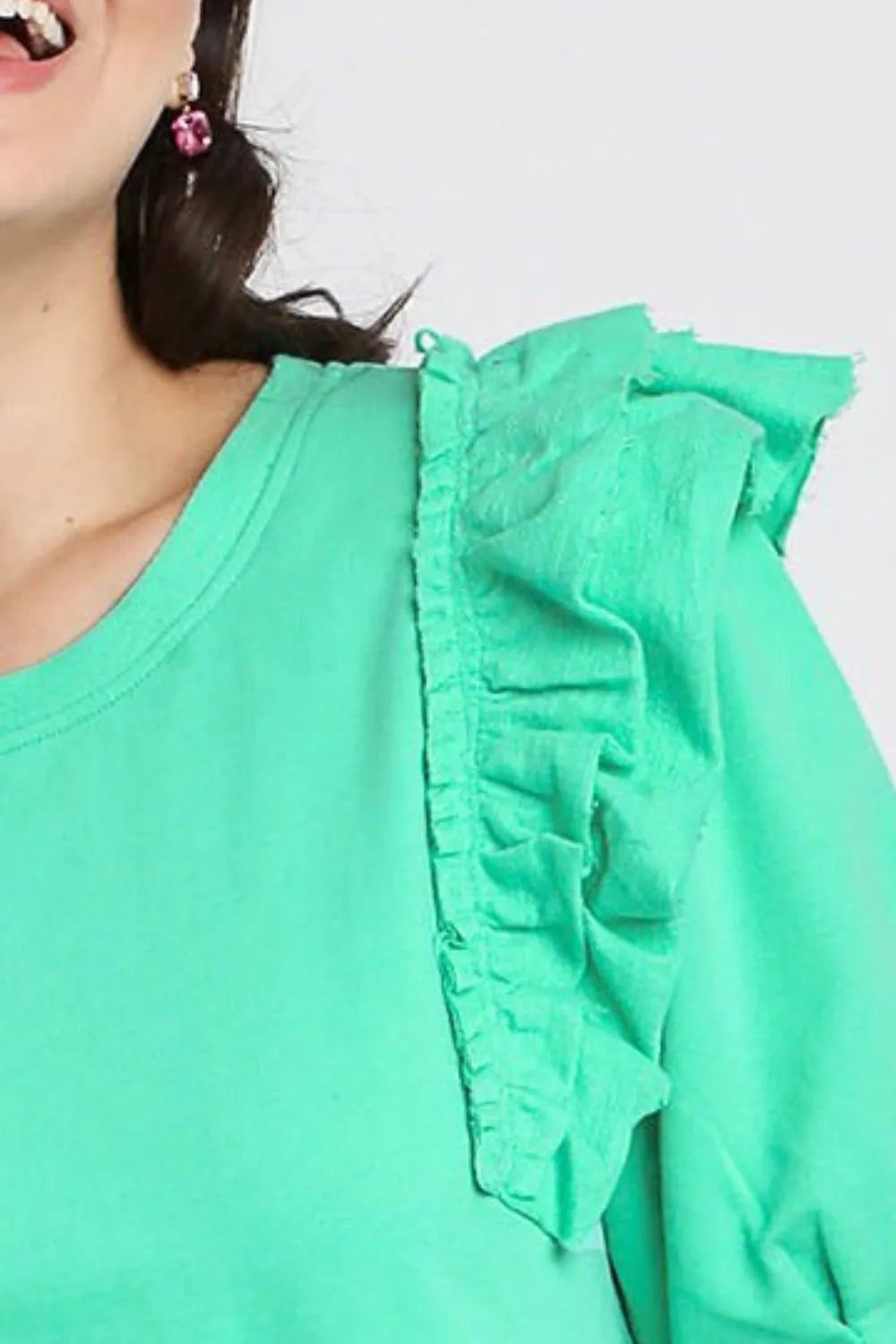 Umgee Full Size French Terry Ruffles Sleeve with Pleats Plus Size