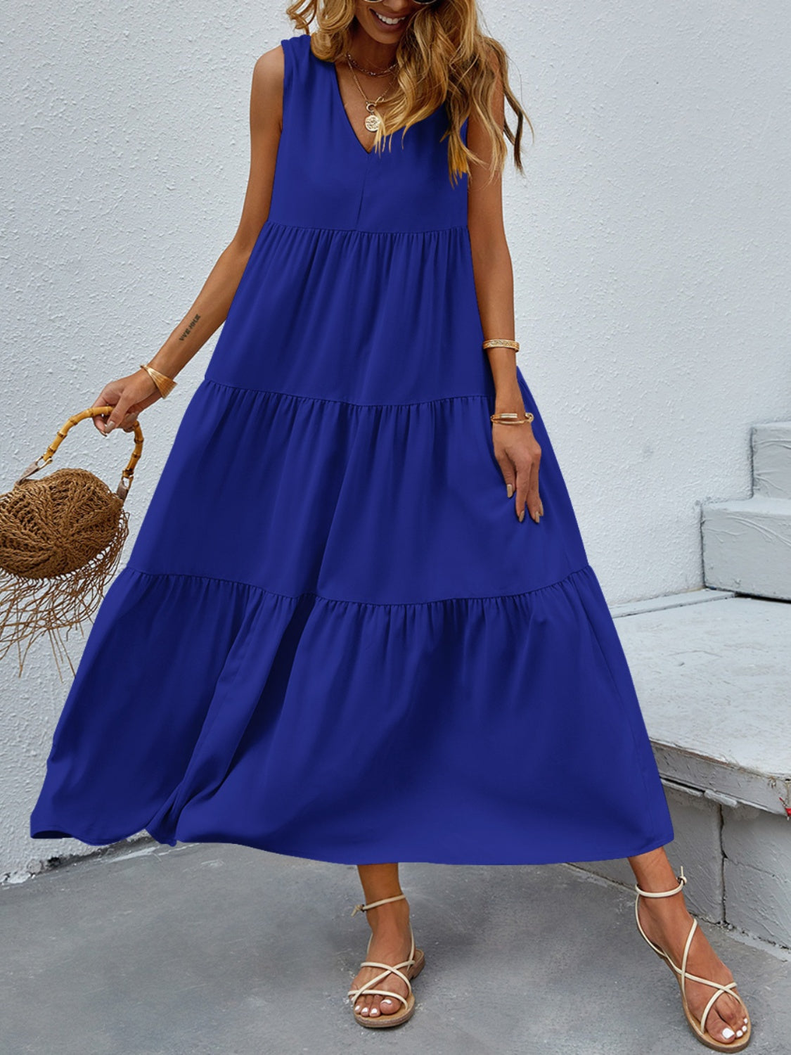 FAM-FAM Tiered V-Neck Sleeveless Dress Royal Blue