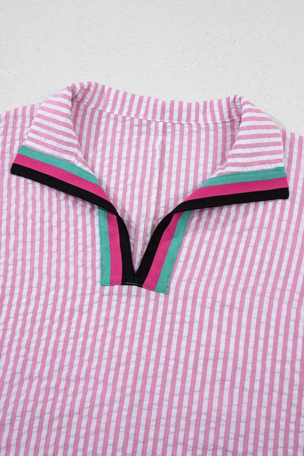 Striped Print Contrast Split Neck Dolman Sleeve Blouse