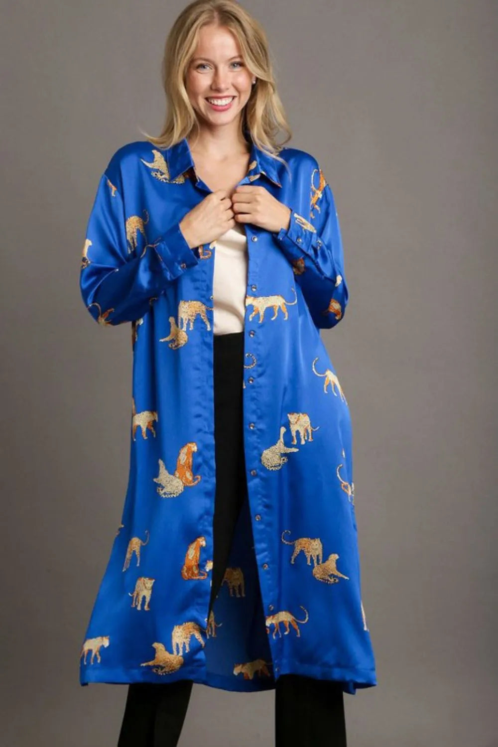 Umgee Full Size Animal Print Button Down Midi Shirt Dress Plus Size Royal Blue