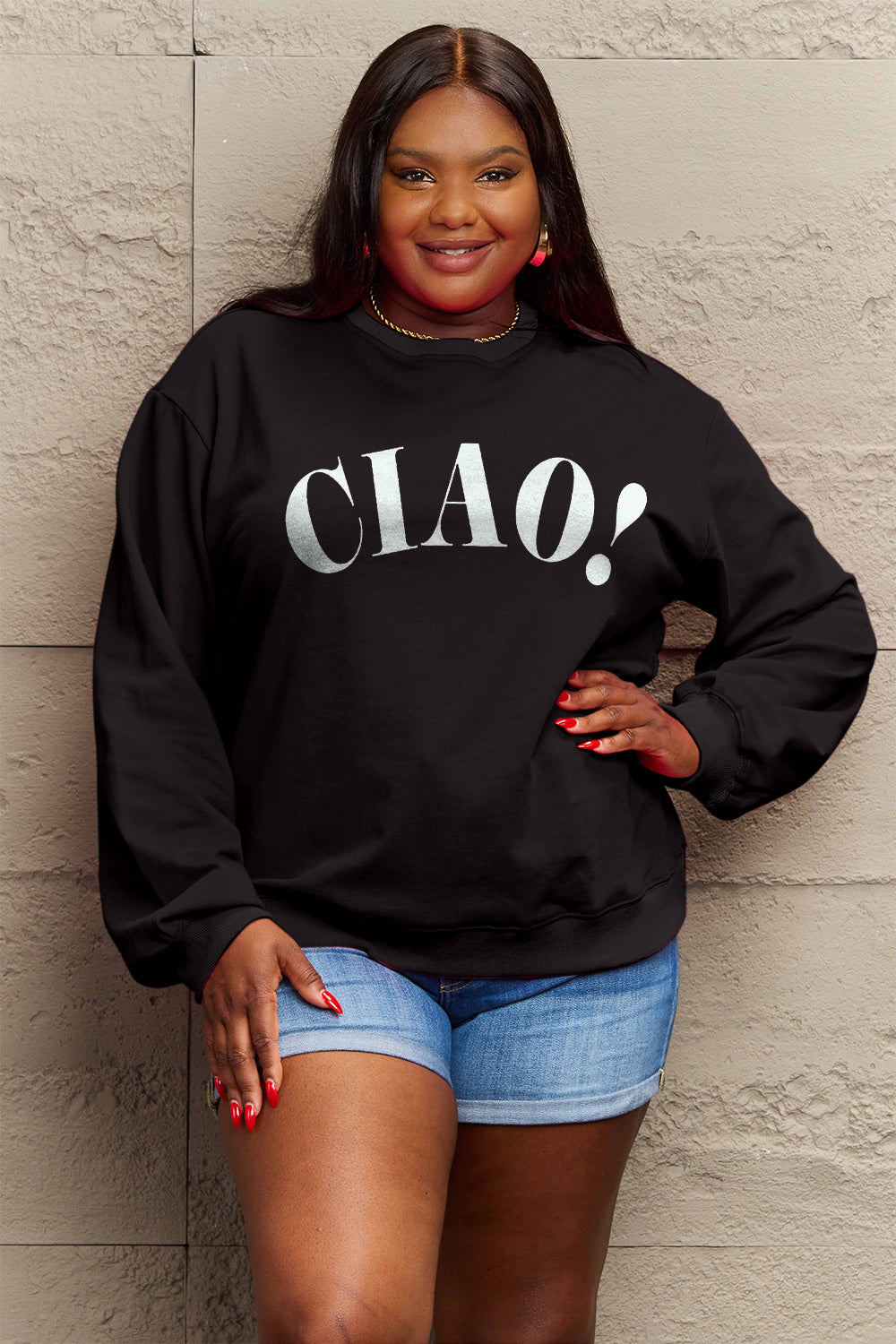 Simply Love Full Size CIAO!Round Neck Sweatshirt Black