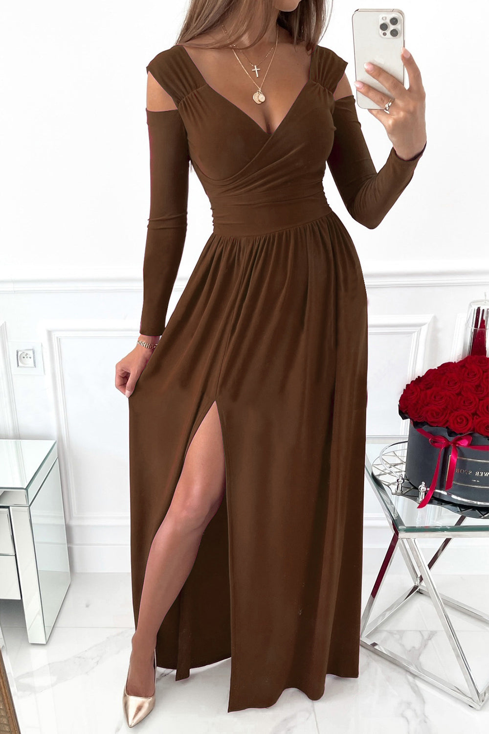 Slit Surplice Long Sleeve Maxi Dress Brown