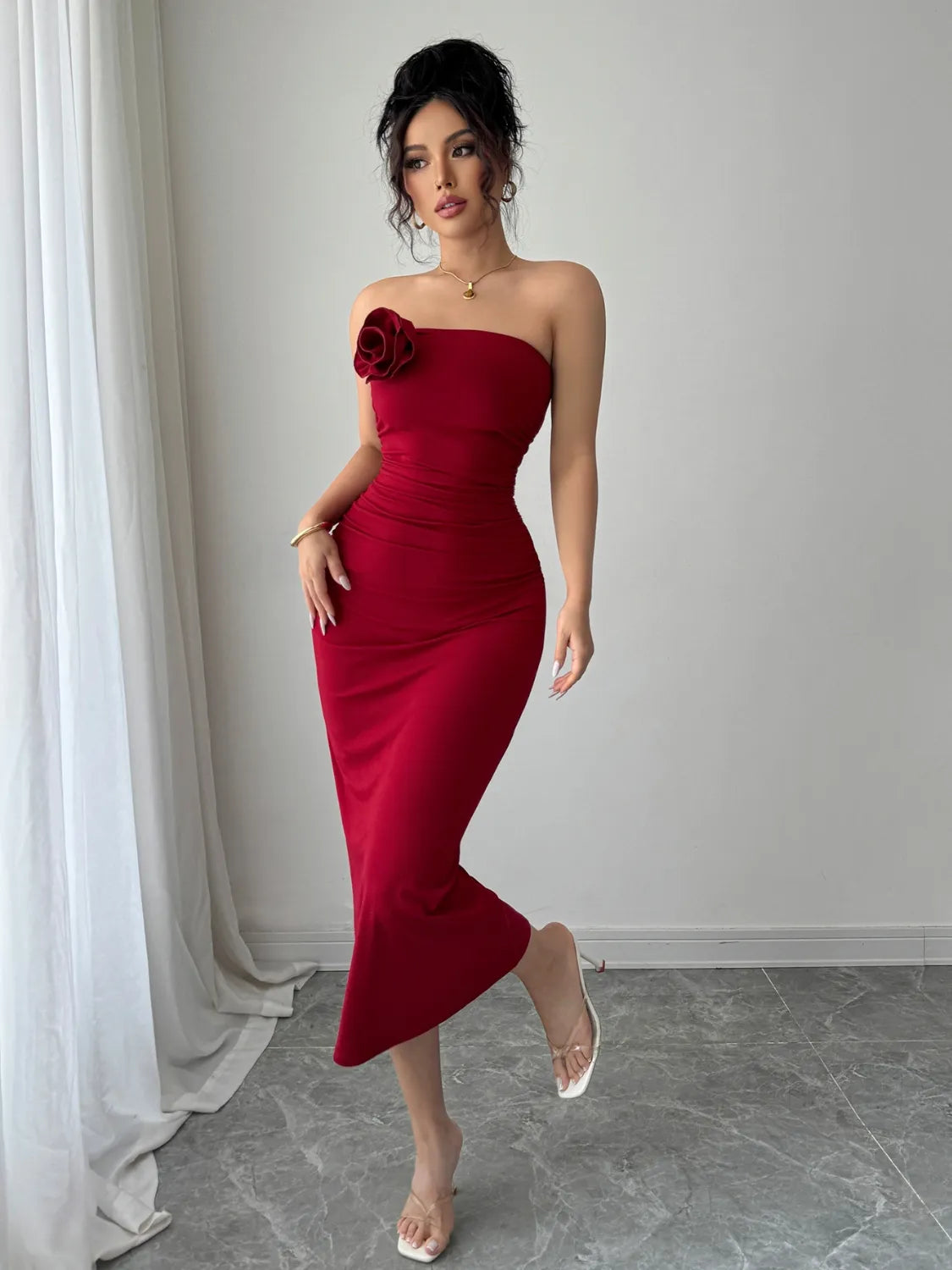 Slit Back Flower Tube Midi Dress