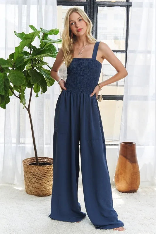 ADORA Smocking Top Wide Leg Jumpsuit MIDNIGHT BLUE