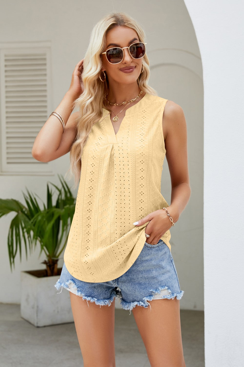 Notched Neck Curved Hem Eyelet Tank Light Yellow