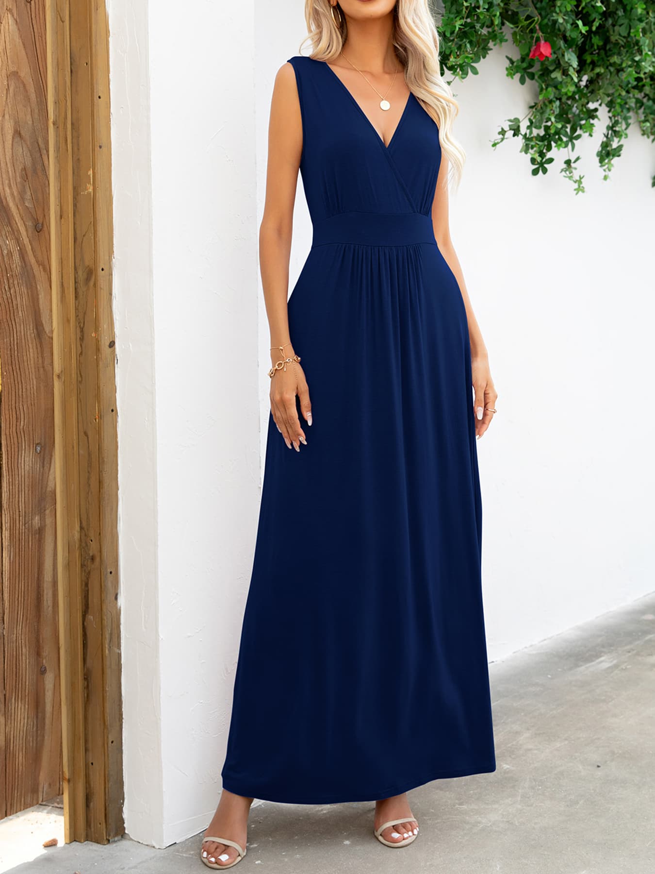 Surplice Neck Sleeveless Maxi Dress Dark Navy