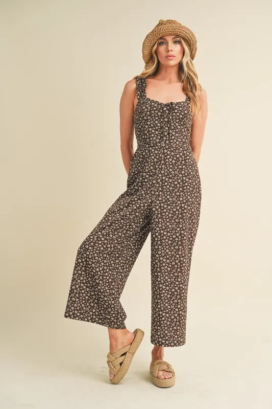 Aemi + Co Floral Sweetheart Neck Wide Leg Jumpsuit Chocolate