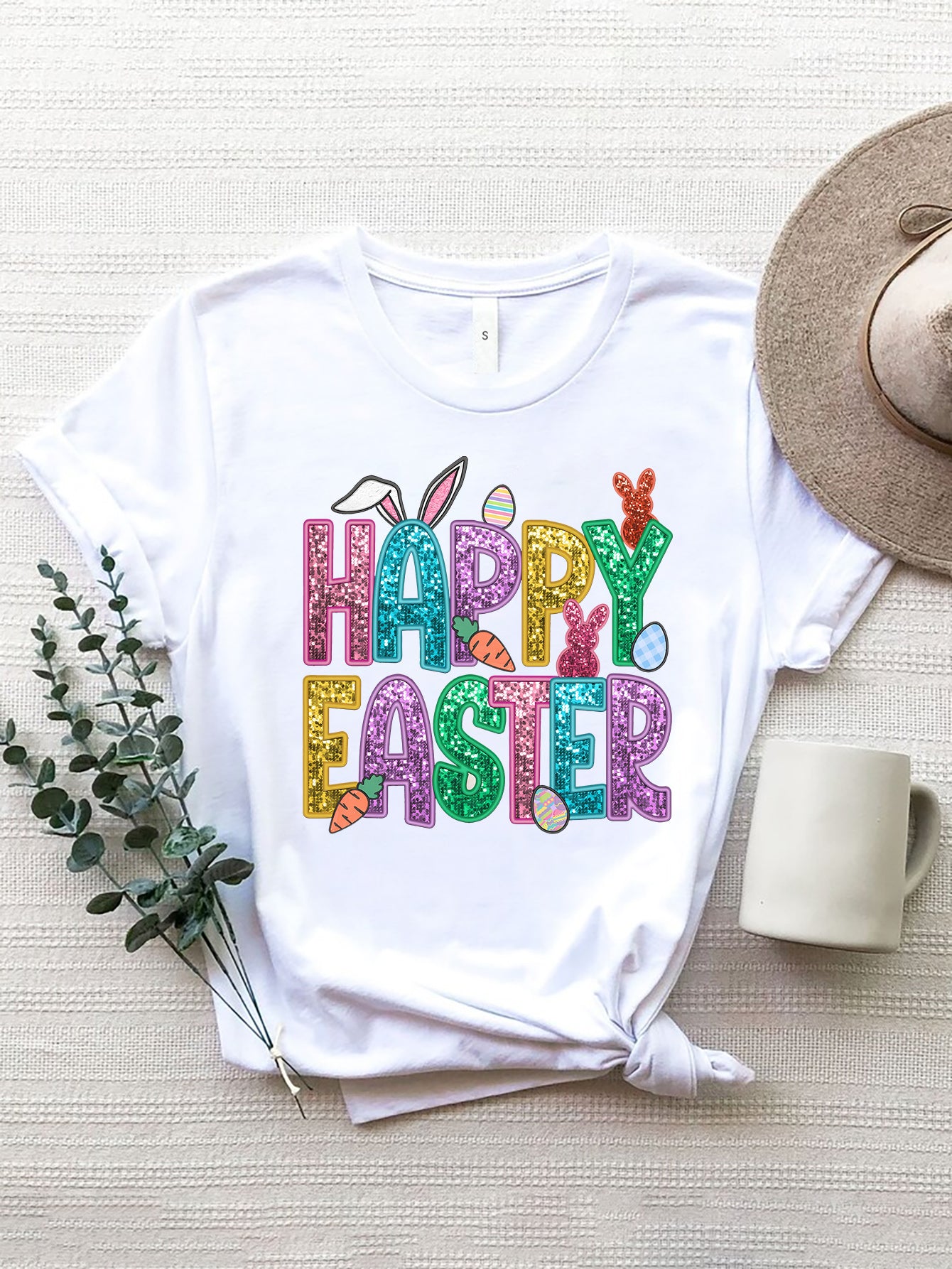 HAPPY EASTER Round Neck Short Sleeve T-Shirt White