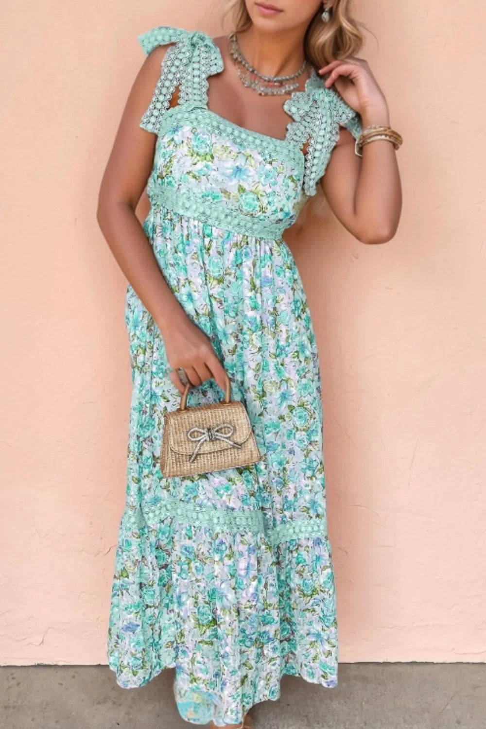Lace Detail Square Neck Floral Dress Turquoise