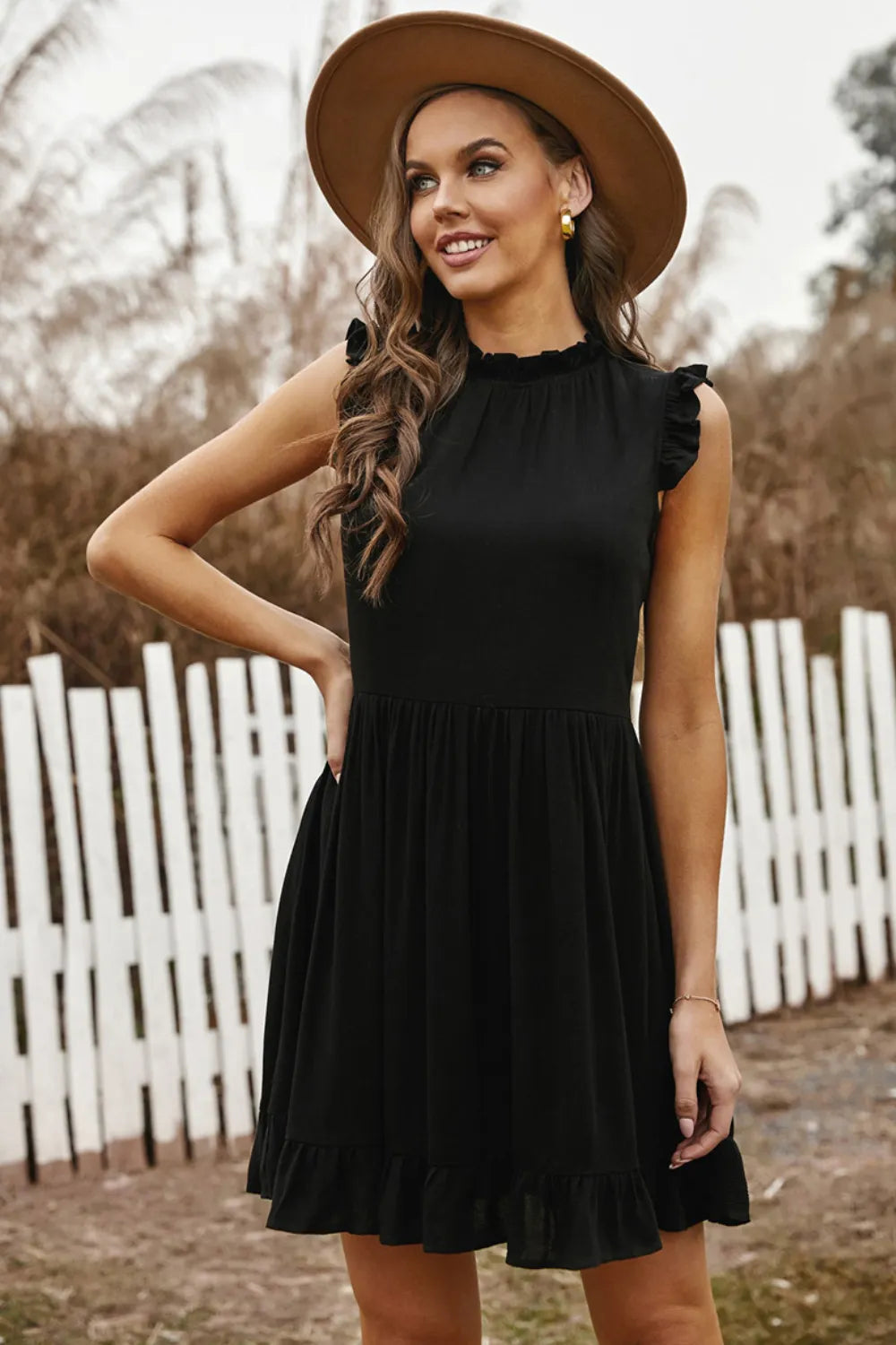 Ruffled Sleeveless Mini Dress Black
