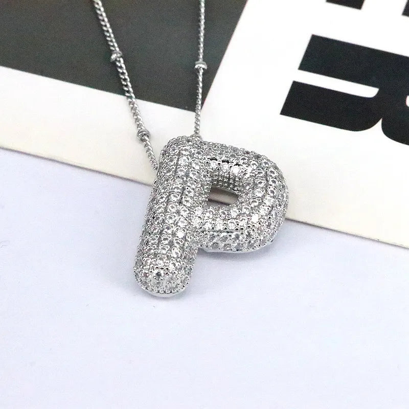 Copper Inlaid Zircon Letter Pendant Necklace Style P One Size