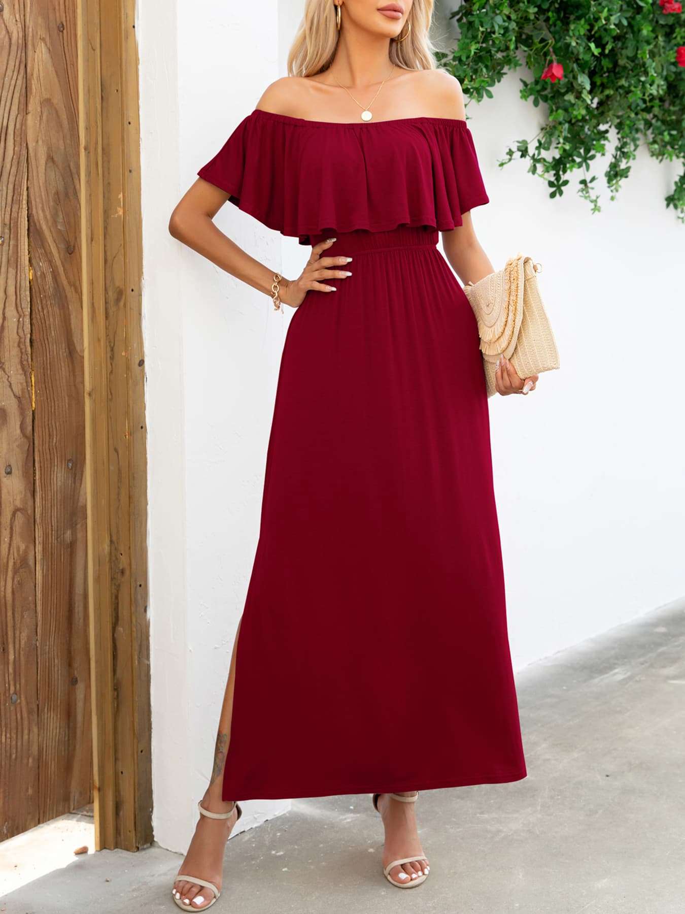 Off-Shoulder Slit Maxi Dress Burgundy