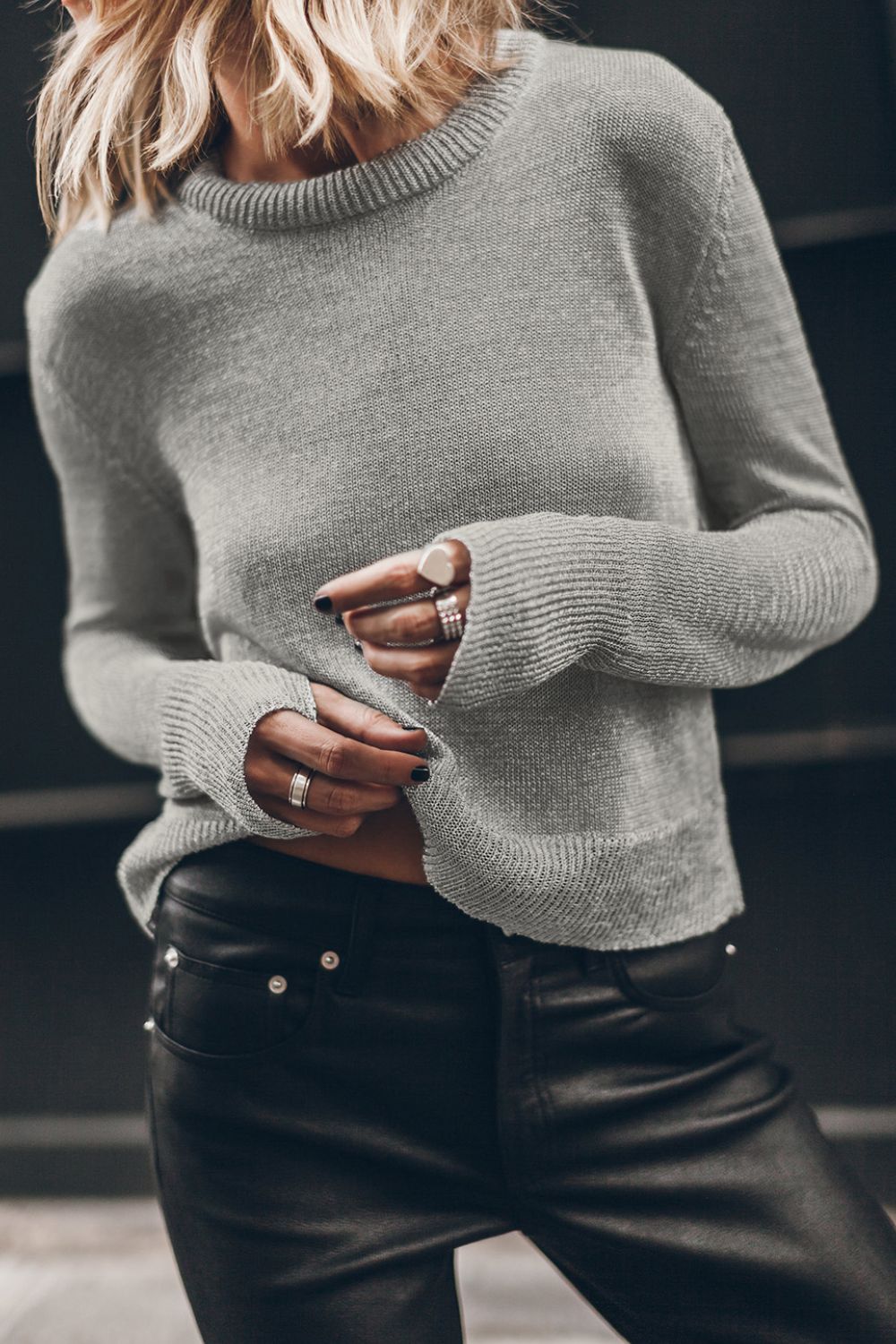 Ribbed Hem Round Neck Long Sleeve Sweater Gray