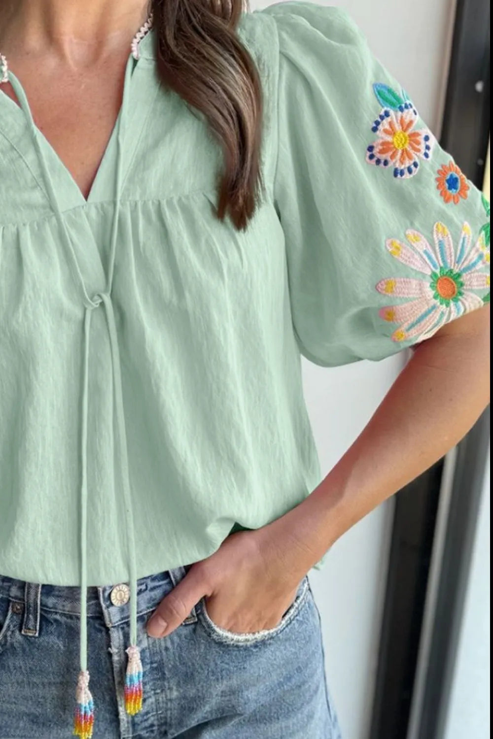 Embroidered Tie Neck Short Sleeve Blouse