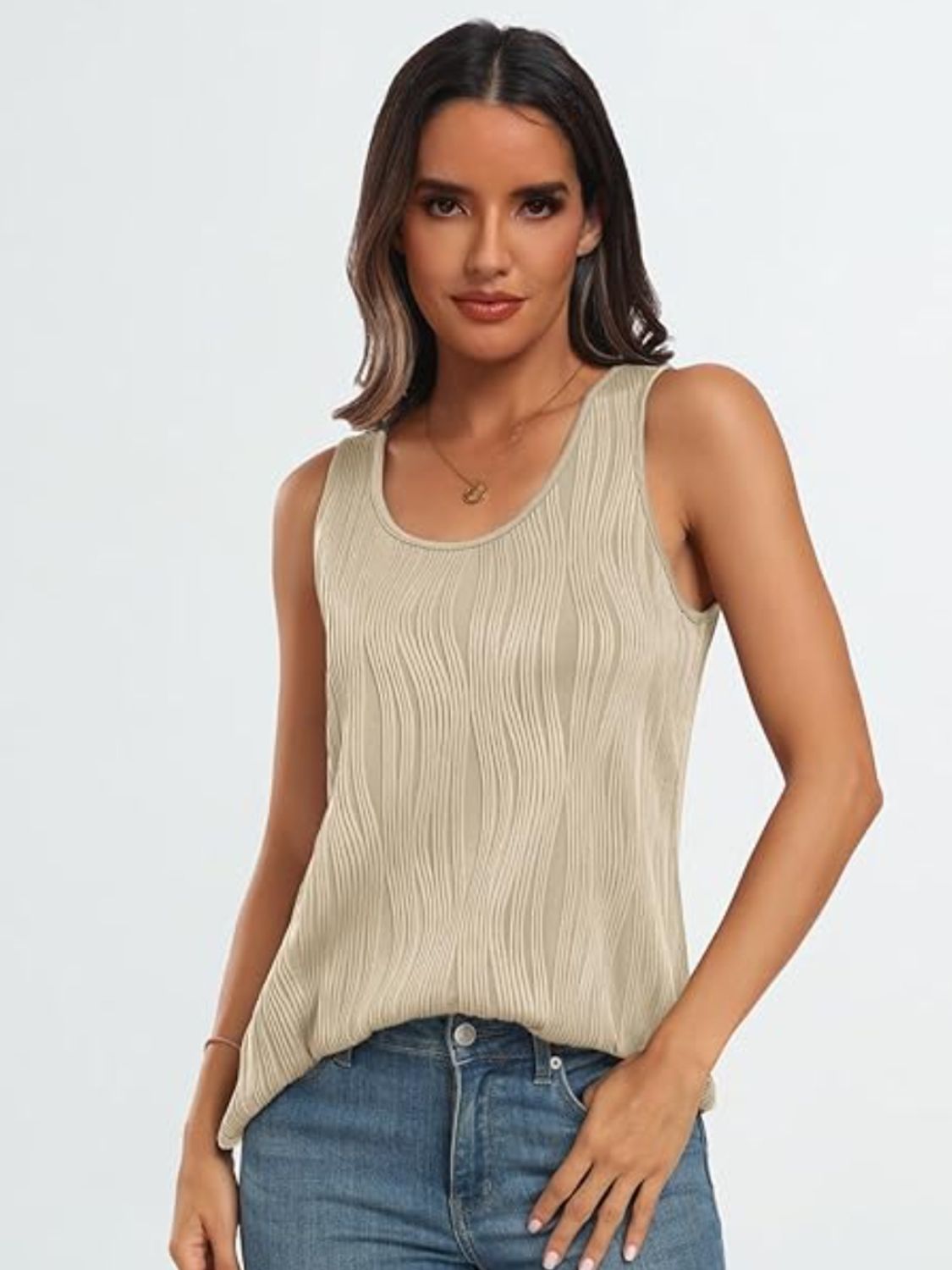 Round Neck Wide Strap Tank Tan