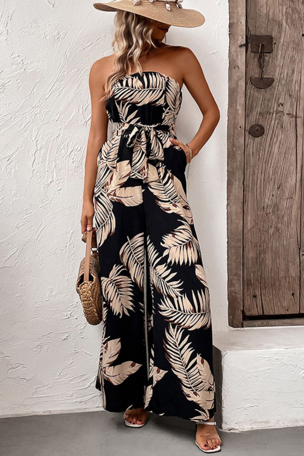 Perfee Printed Strapless Wide Leg Jumpsuit with Pockets Black