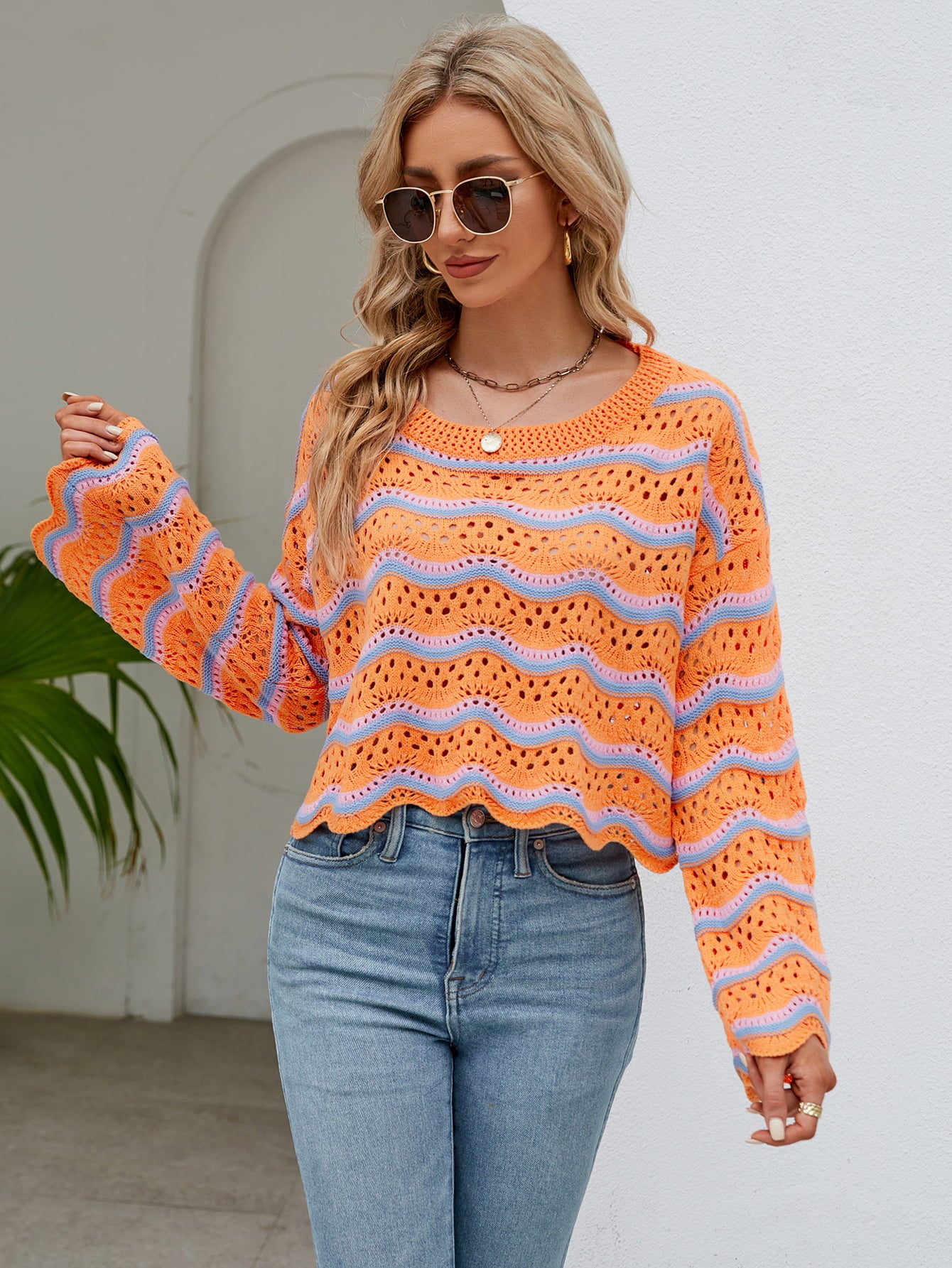 Round Neck Openwork Flare Sleeve Knit Top Orange-Red